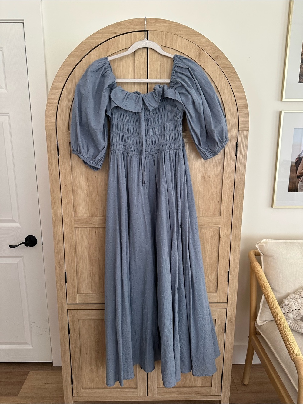 Blue Puff-Sleeve Smocked Maxi Dress